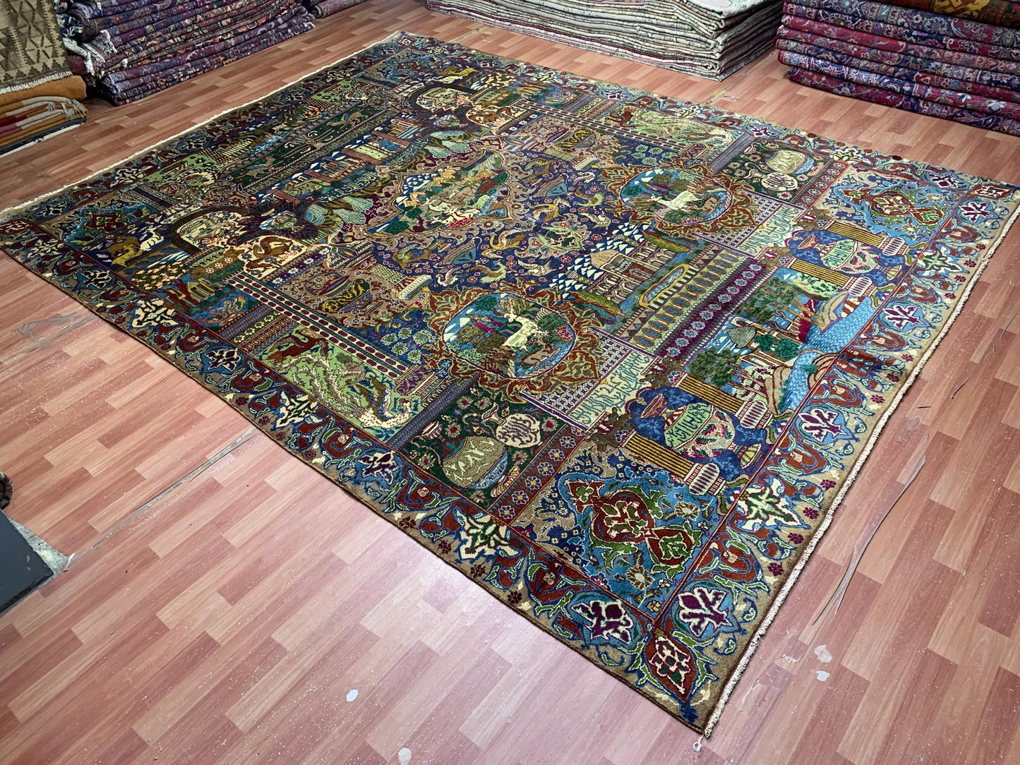 9x12 Ft Antique Pictorial Animal Rug, Hand knotted Vintage Wool Rug, Home decor Rug, Afghan Oriental Rug, Dining Table Rug, Living Room Rug.