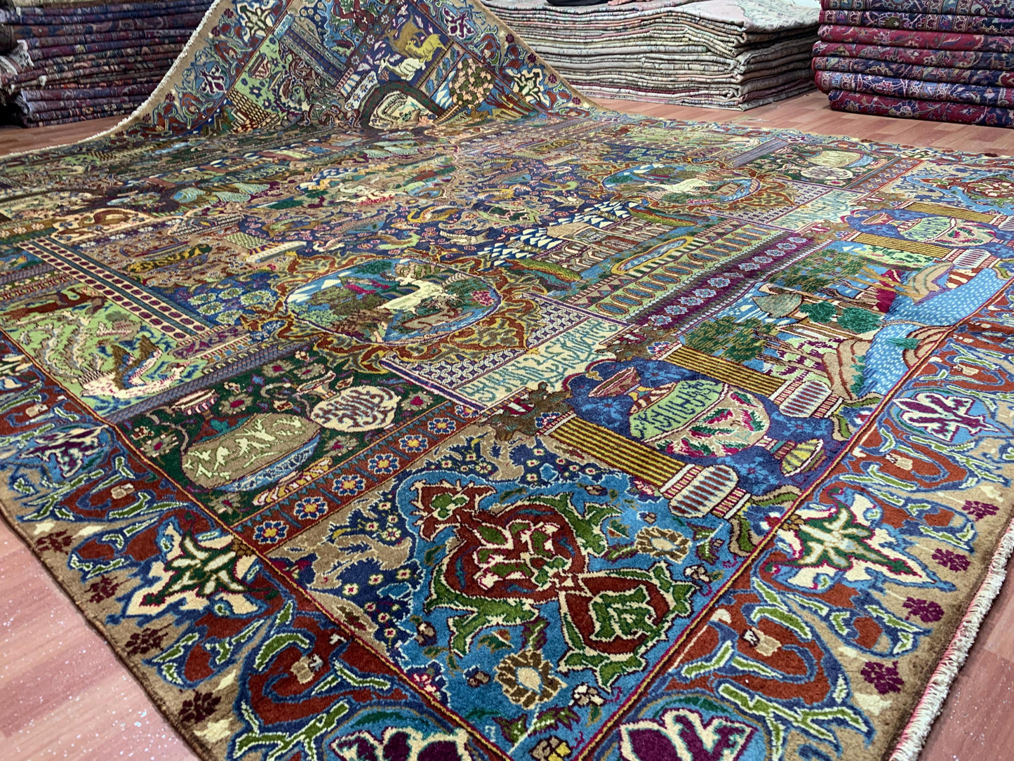 9x12 Ft Antique Pictorial Animal Rug, Hand knotted Vintage Wool Rug, Home decor Rug, Afghan Oriental Rug, Dining Table Rug, Living Room Rug.