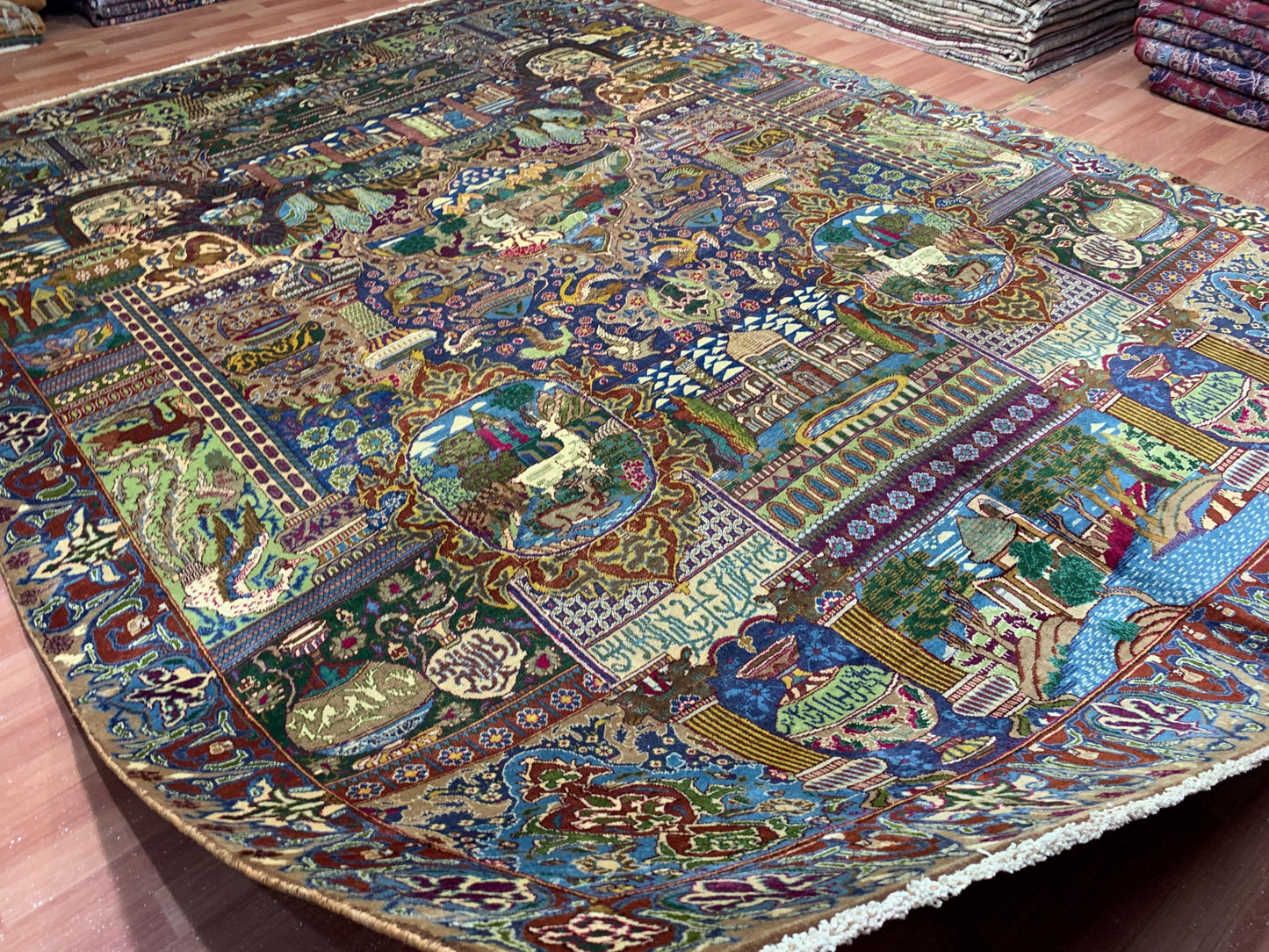 9x12 Ft Antique Pictorial Animal Rug, Hand knotted Vintage Wool Rug, Home decor Rug, Afghan Oriental Rug, Dining Table Rug, Living Room Rug.