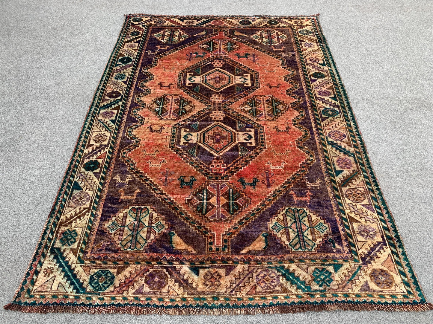 Vintage Rug 4x6 Ft Caucasian design Rug, Afghan Handmade Rug, Low Pile Rug, Oriental Wool Rug, Antique Tribal Rug, Bedroom Rug, Hallway Rug.