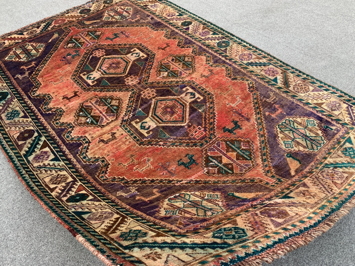 Vintage Rug 4x6 Ft Caucasian design Rug, Afghan Handmade Rug, Low Pile Rug, Oriental Wool Rug, Antique Tribal Rug, Bedroom Rug, Hallway Rug.