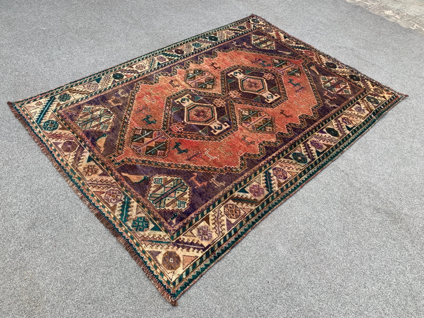 Vintage Rug 4x6 Ft Caucasian design Rug, Afghan Handmade Rug, Low Pile Rug, Oriental Wool Rug, Antique Tribal Rug, Bedroom Rug, Hallway Rug.