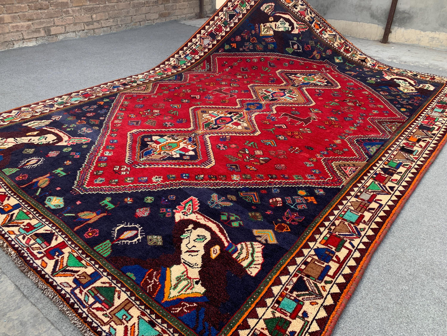 Amazing Vintage Pictorial Rug 7x11 Ft Afghan Hand Knotted Wool Rug, Caucasian design Rug, Red Navy Blue Rug, Good Pile Rug, Living Room Rug.