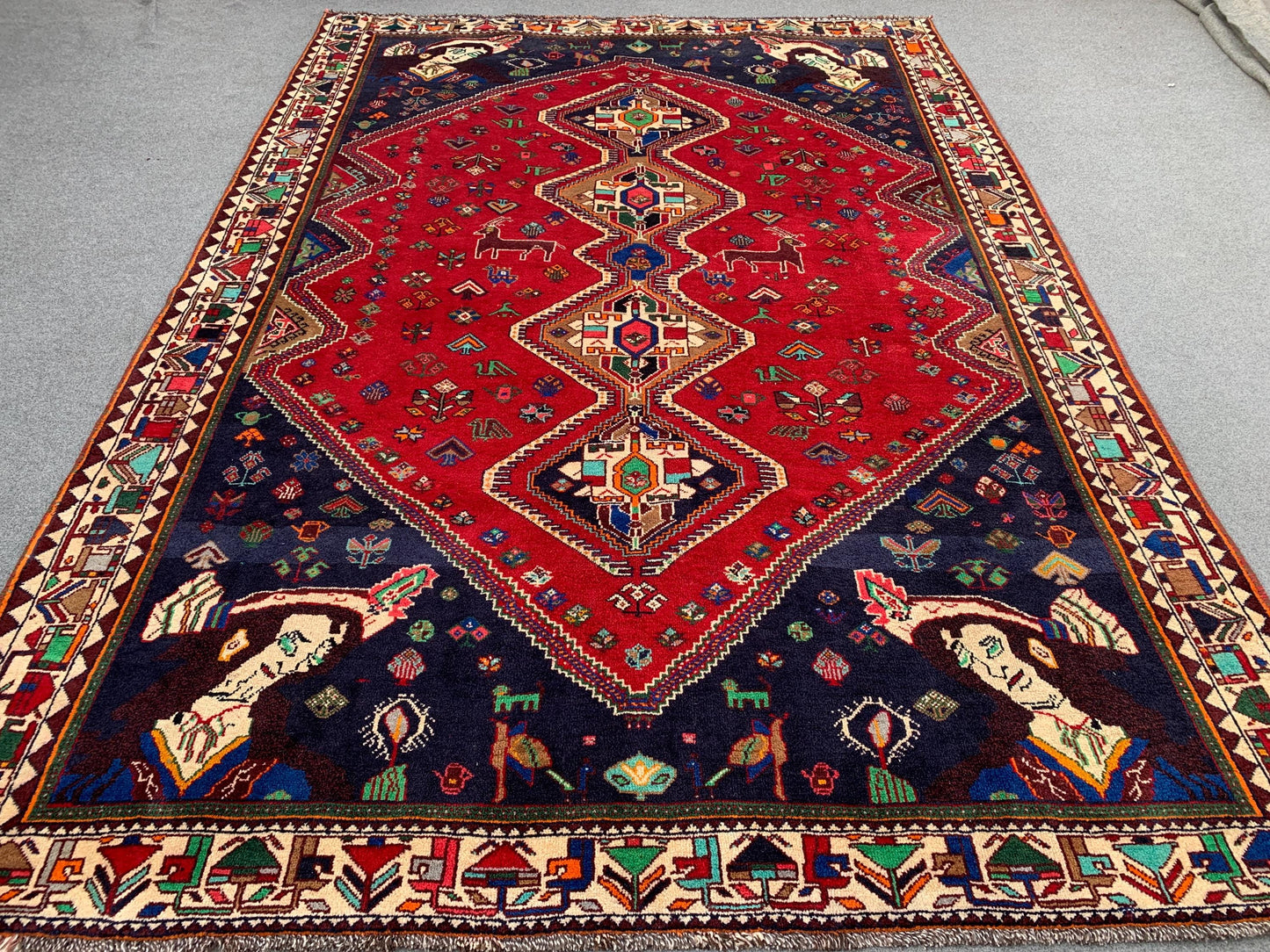 Amazing Vintage Pictorial Rug 7x11 Ft Afghan Hand Knotted Wool Rug, Caucasian design Rug, Red Navy Blue Rug, Good Pile Rug, Living Room Rug.