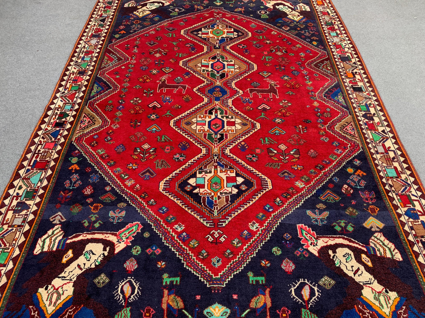 Amazing Vintage Pictorial Rug 7x11 Ft Afghan Hand Knotted Wool Rug, Caucasian design Rug, Red Navy Blue Rug, Good Pile Rug, Living Room Rug.