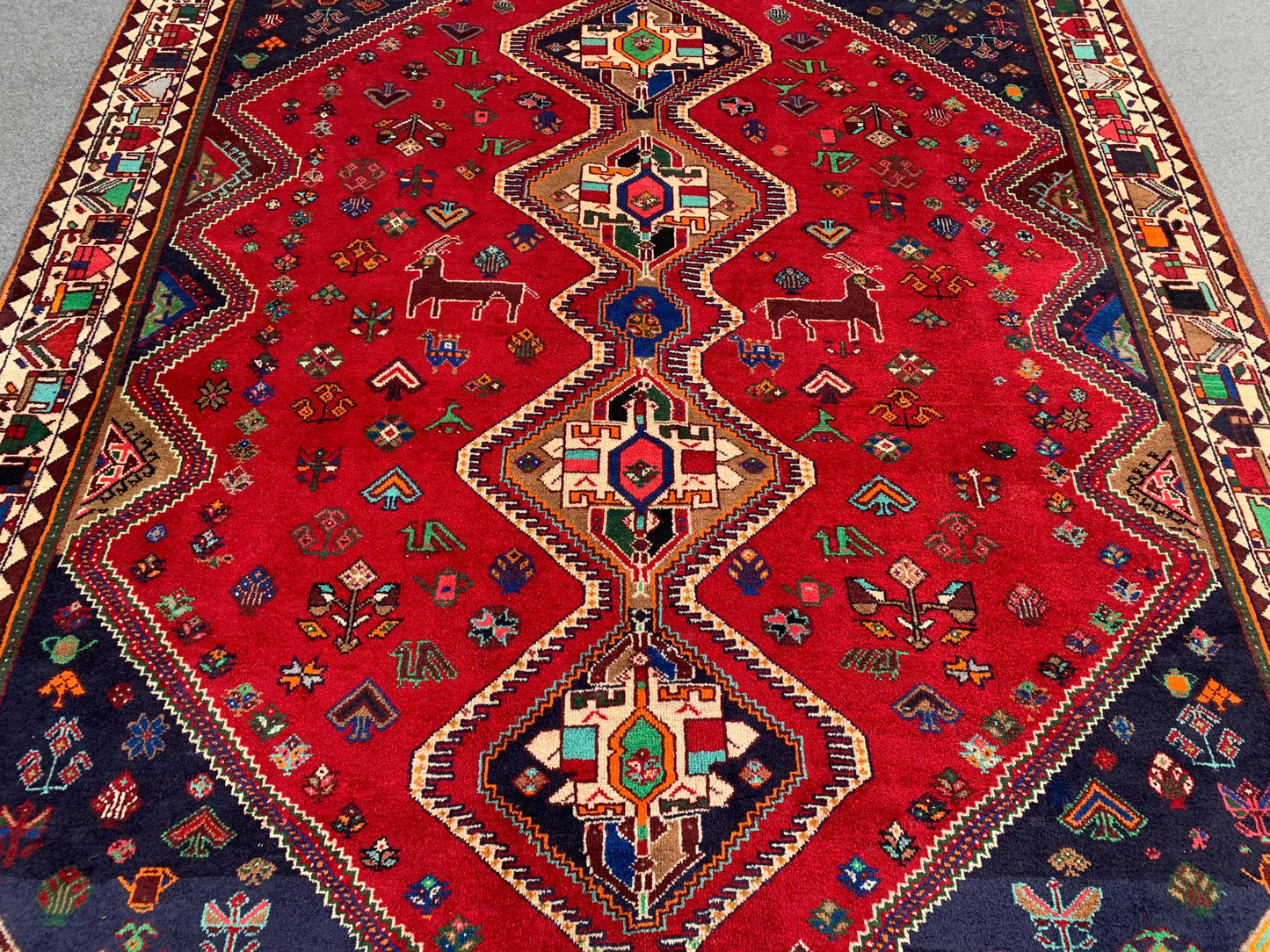 Amazing Vintage Pictorial Rug 7x11 Ft Afghan Hand Knotted Wool Rug, Caucasian design Rug, Red Navy Blue Rug, Good Pile Rug, Living Room Rug.