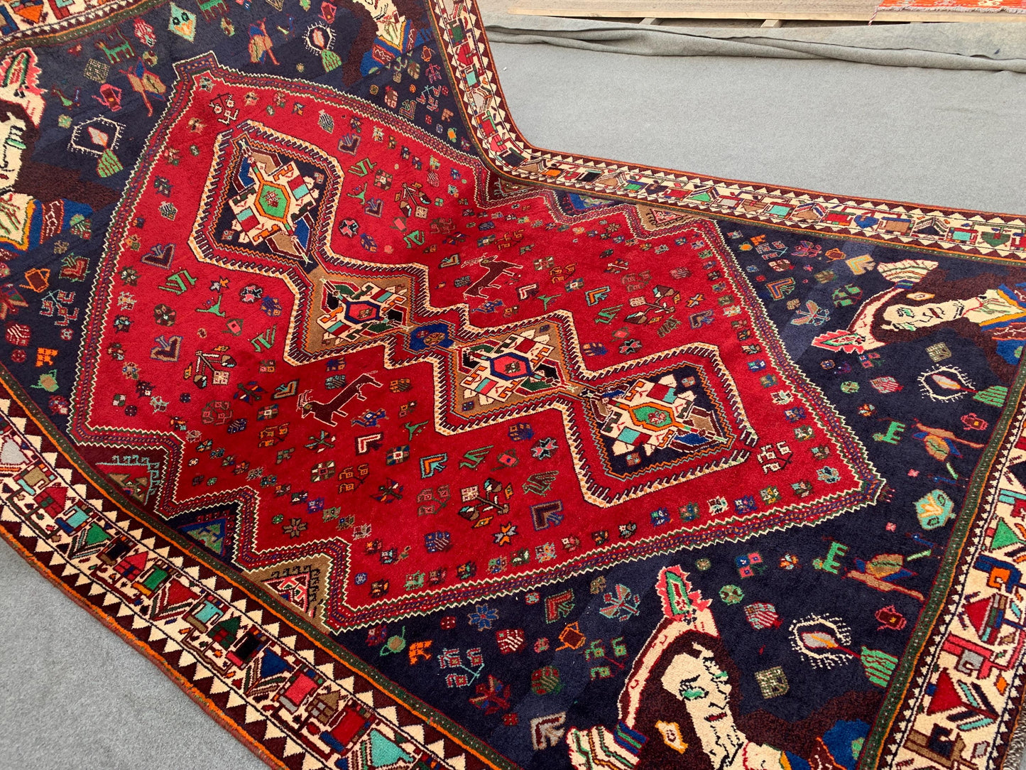 Amazing Vintage Pictorial Rug 7x11 Ft Afghan Hand Knotted Wool Rug, Caucasian design Rug, Red Navy Blue Rug, Good Pile Rug, Living Room Rug.