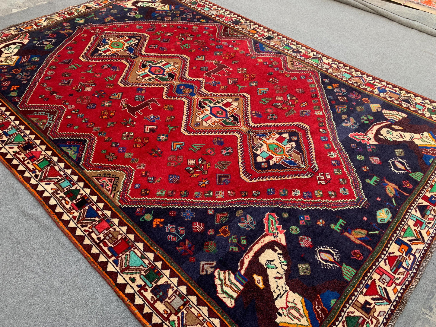Amazing Vintage Pictorial Rug 7x11 Ft Afghan Hand Knotted Wool Rug, Caucasian design Rug, Red Navy Blue Rug, Good Pile Rug, Living Room Rug.