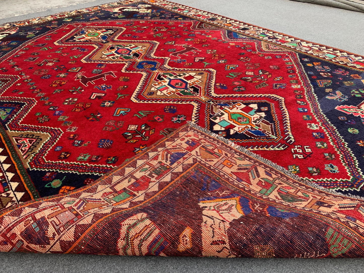 Amazing Vintage Pictorial Rug 7x11 Ft Afghan Hand Knotted Wool Rug, Caucasian design Rug, Red Navy Blue Rug, Good Pile Rug, Living Room Rug.
