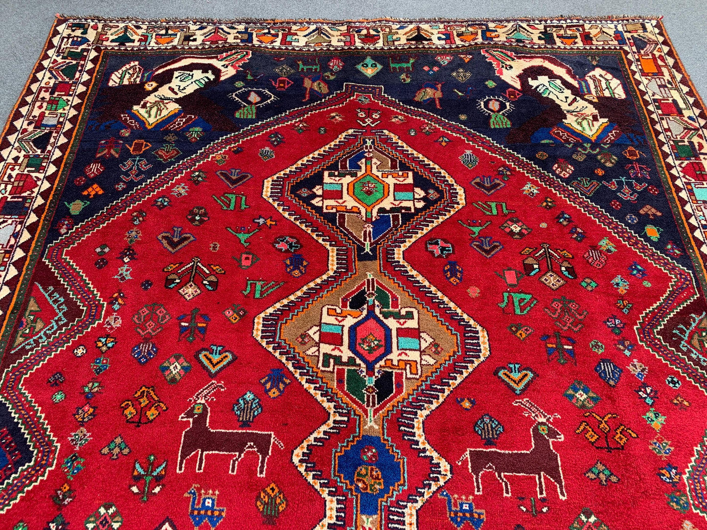 Amazing Vintage Pictorial Rug 7x11 Ft Afghan Hand Knotted Wool Rug, Caucasian design Rug, Red Navy Blue Rug, Good Pile Rug, Living Room Rug.