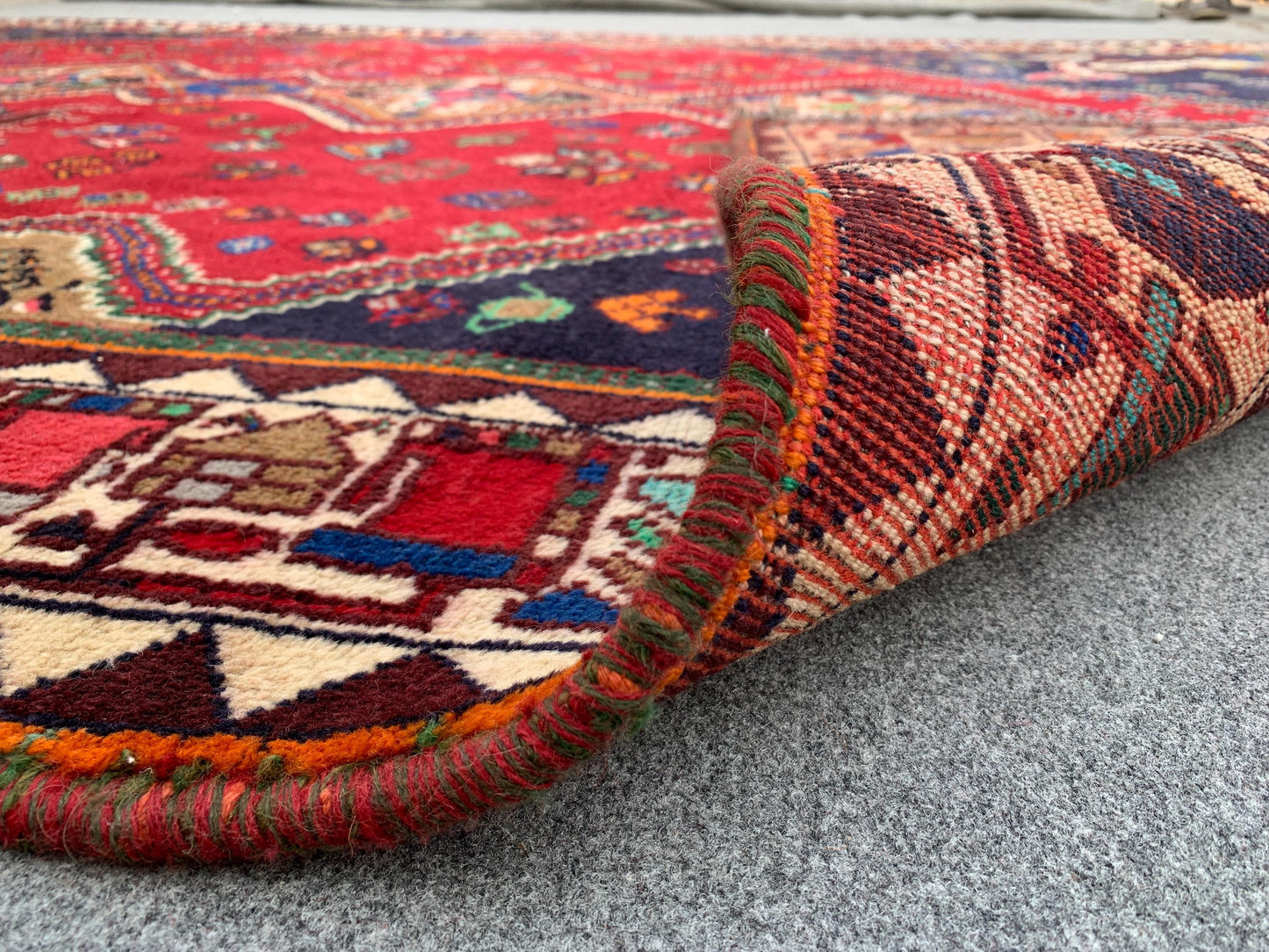 Amazing Vintage Pictorial Rug 7x11 Ft Afghan Hand Knotted Wool Rug, Caucasian design Rug, Red Navy Blue Rug, Good Pile Rug, Living Room Rug.