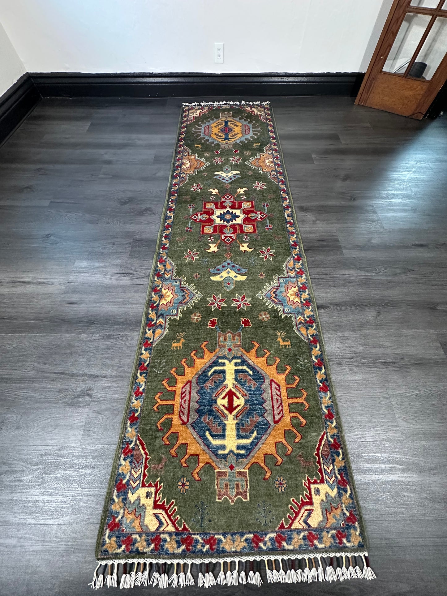 3x10 ft Green Kazak Runner Rug