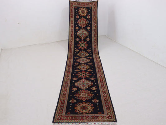 3x13 ft Navy blue Afghan chobi  Runner Rug , Handmade Wool Rug