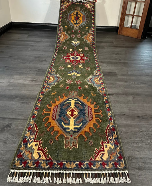 3x10 ft Green Kazak Runner Rug