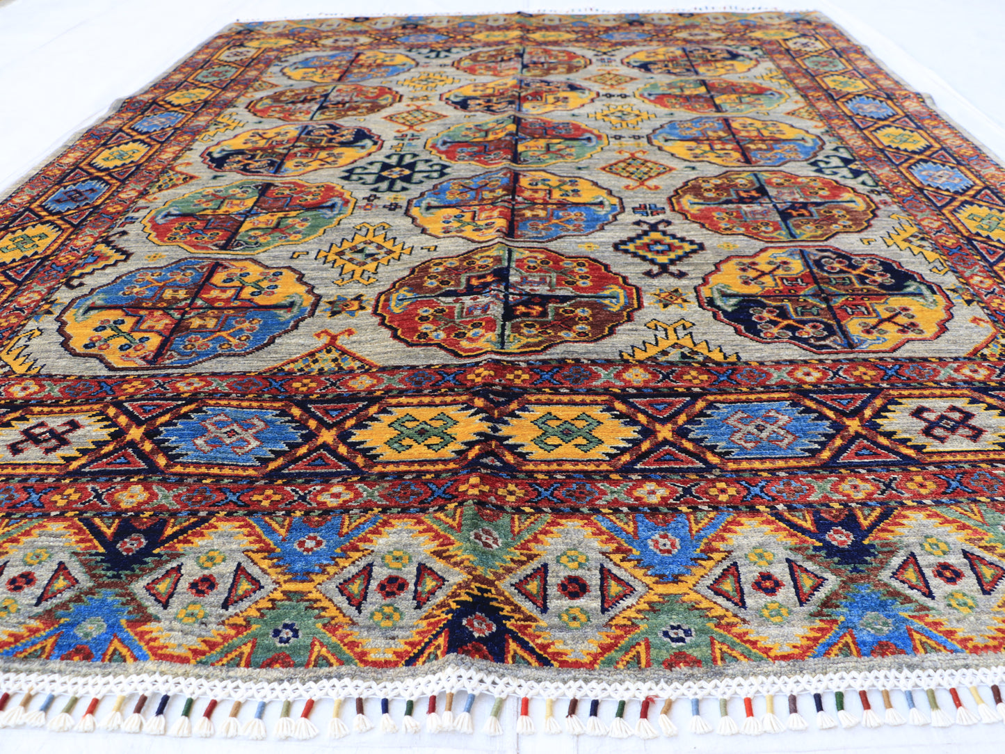 6x8 Multicolored Afghan Vaziri Hand Knotted Geometric Rug