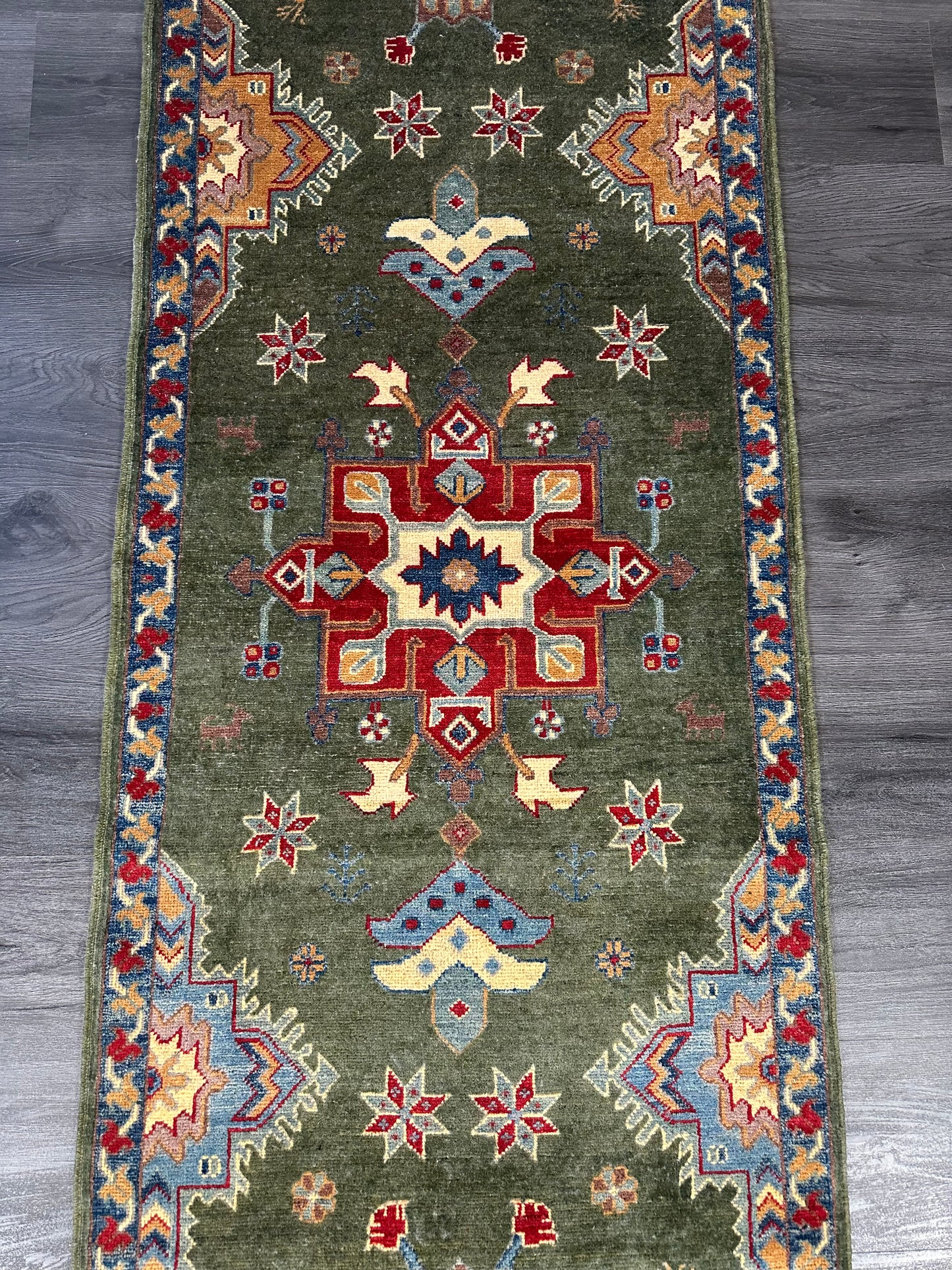 3x10 ft Green Kazak Runner Rug