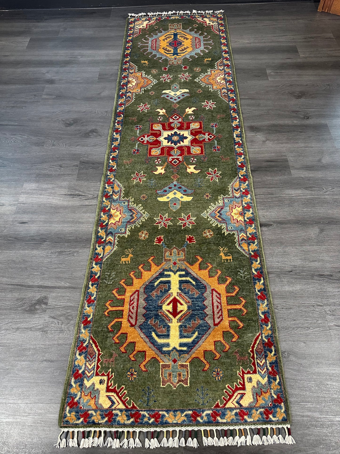 3x10 ft Green Kazak Runner Rug