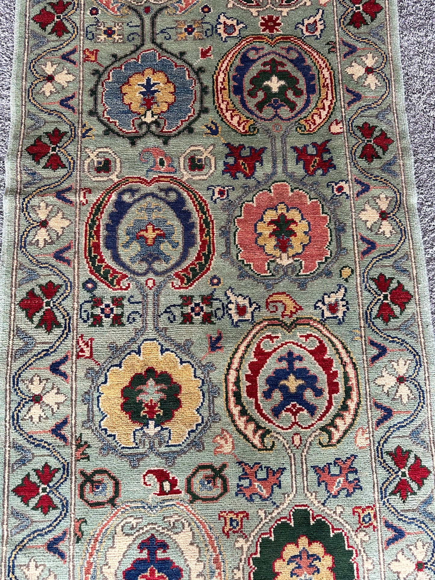 3x13 ft Light Green Kazak Runner Rug