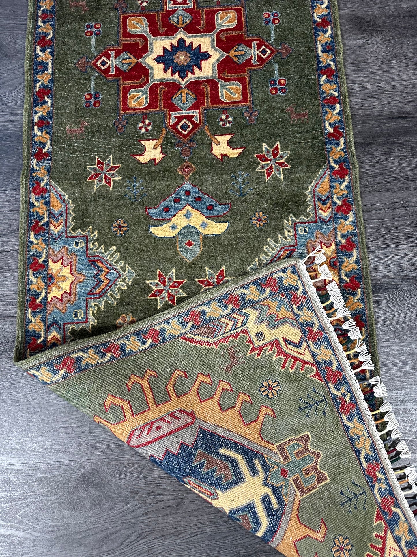 3x10 ft Green Kazak Runner Rug