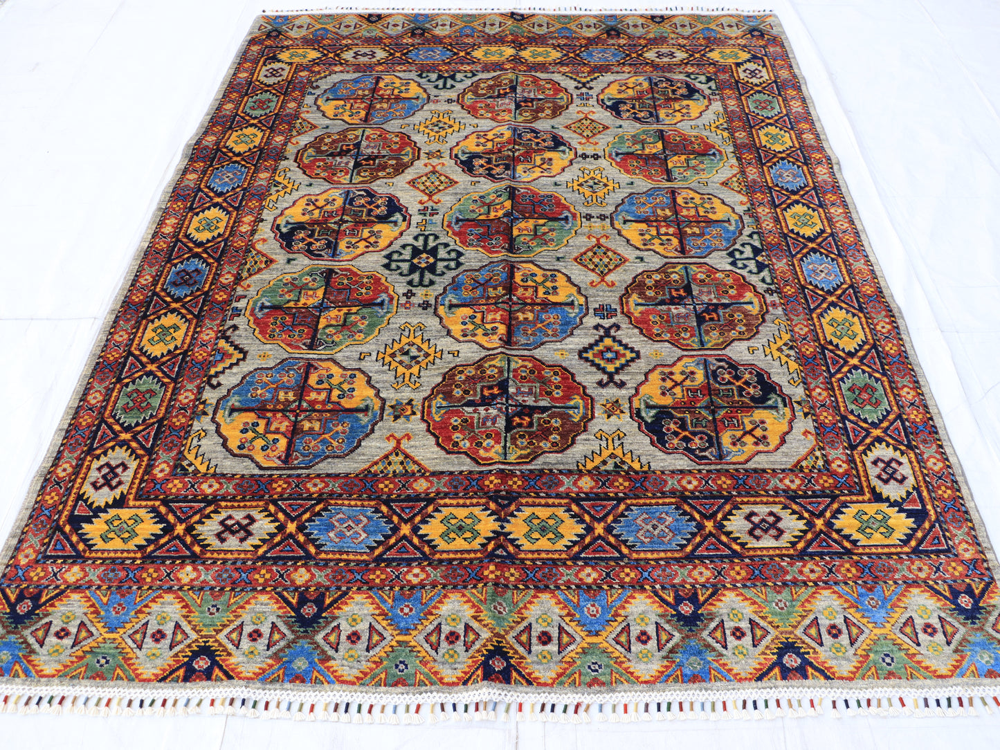 6x8 Multicolored Afghan Vaziri Hand Knotted Geometric Rug