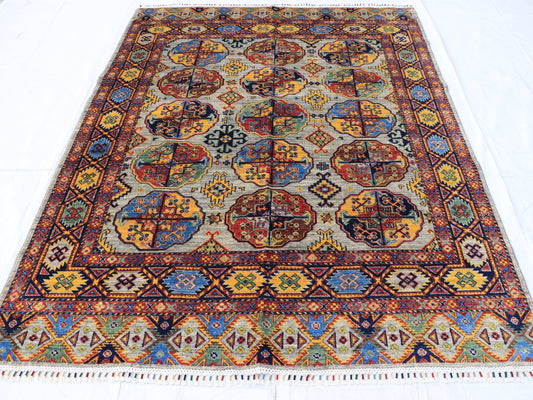 6x8 Multicolored Afghan Vaziri Hand Knotted Geometric Rug