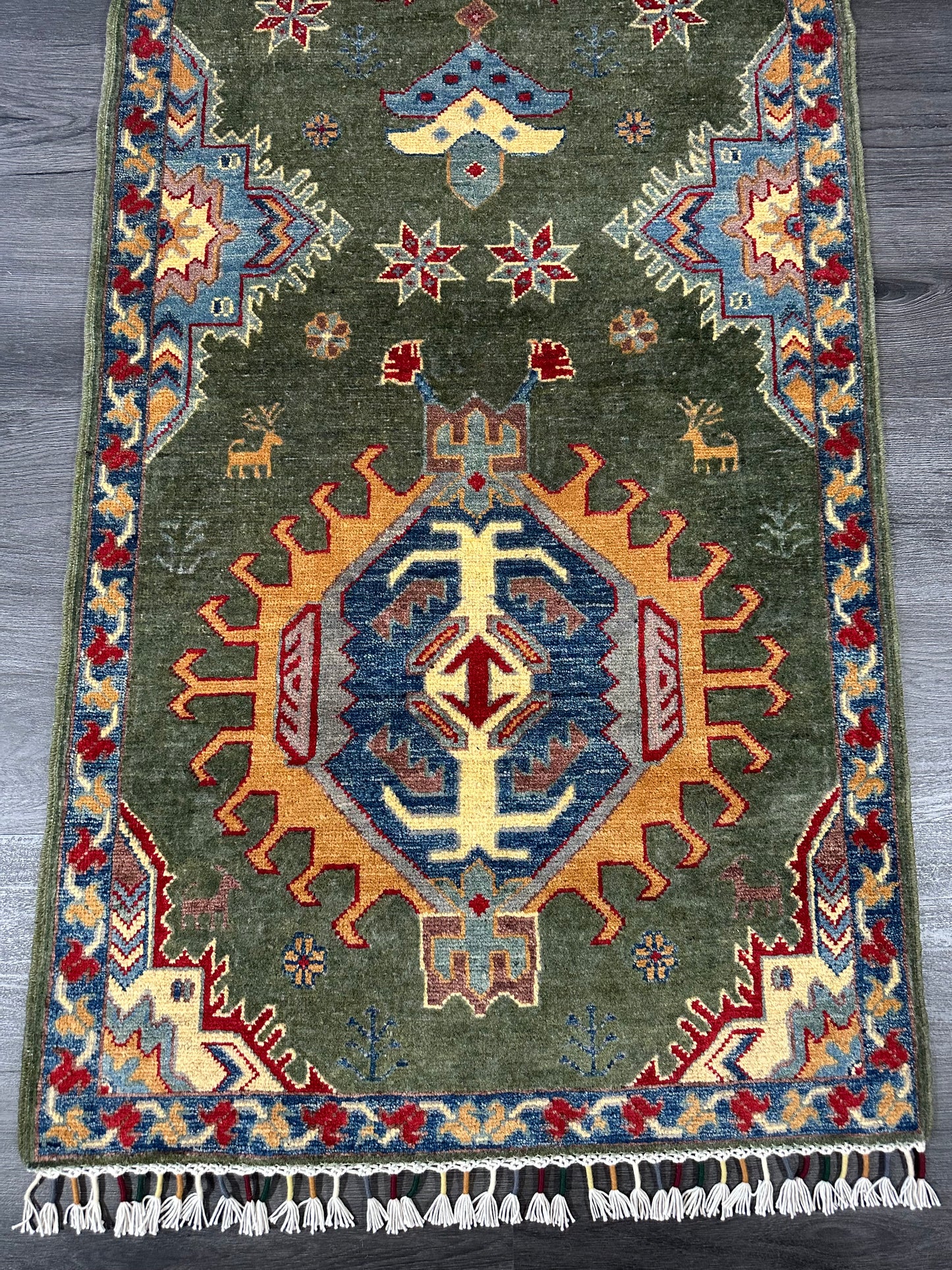 3x10 ft Green Kazak Runner Rug