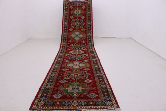 3x13 ft Red Navy blue  Afghan chobi  Runner rug , Handmade Wool Rug