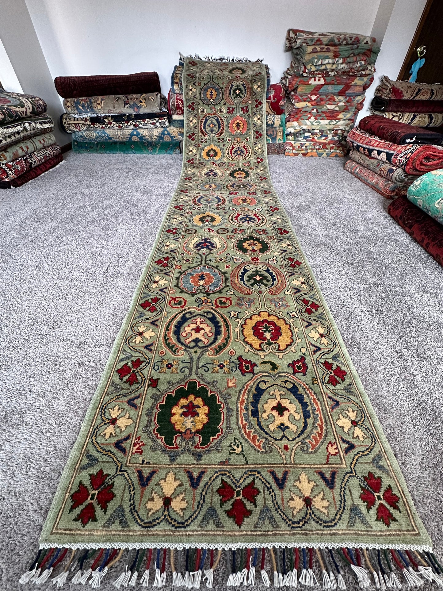 3x13 ft Light Green Kazak Runner Rug