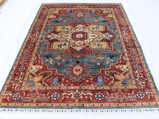 6x8Ft Blue, Beige, Red Afghan Haris Hand Knotted Geometric Rug