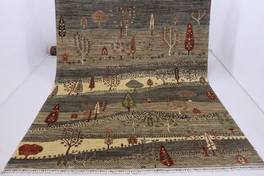 8x9 ft Tree of Life Rug – Handmade Wool  Rug with Landscape Design, Animals, and Tree Motifs in Earthy Tones
