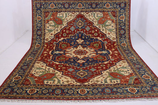 8 x 10 ft Large Heriz Area Rug - Hand Knotted Veg Dyed Wool Medallion Rug