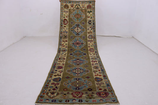 2'11x9'11 ft  Beige Blue chobi  runner Rug - Hand knotted Veg dyes wool traditional chobi Oriental Runner Rug