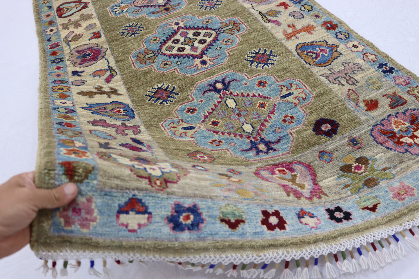 2'11x9'11 ft  Beige Blue chobi  runner Rug - Hand knotted Veg dyes wool traditional chobi Oriental Runner Rug