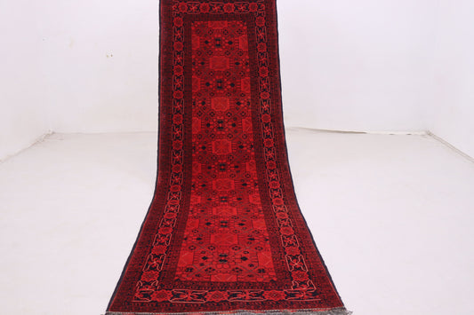 3x9 ft Vintage Geometric Bukhara Runner Rug,  Handmade Wool Rug, Antique Oriental Rug
