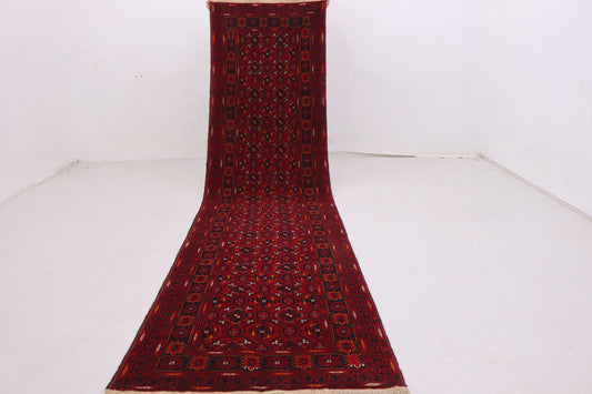 3x10 ft Antique Turkmen Bashiri Runner Rug, Soft Pile Vintage Red Rug,