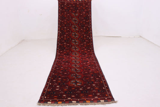 2'x10' ft Vintage Turkmen Waziri Runner Rug,  Red 10 ft Hallway Runner Rug