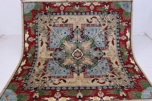 6x6 ft Beige Tree Gabbeh Area Rug - Tree of Life Afghan Persian Style Hand knotted wool Rug -
