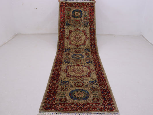 3x10 ft Mamluk runner rug, Soft pile Narrow Hallway rug, Afghan; medallion chobi vege dyes wool rug