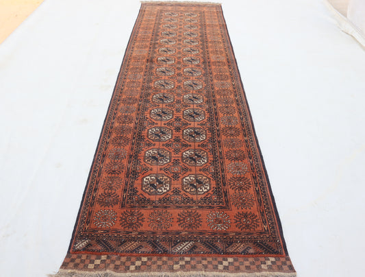 3x11 ft 1920s Antique Tekke Ahal Runner , Collectors Piece Red Vintage Ersari Rug, Afghan Oriental Turkmen Rug, One of Kind Hallway Rug