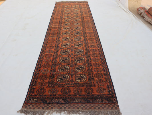 3x12 ft 1920s Antique Tekke Ahal Runner , Collectors Piece Red Vintage Ersari Rug, Afghan Oriental Turkmen Rug, One of Kind Hallway Rug