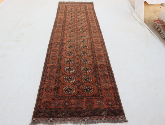 3x12 ft 1920s Antique Tekke Ahal Runner , Collectors Piece Red Vintage Ersari Rug, Afghan Oriental Turkmen Rug, One of Kind Hallway Rug