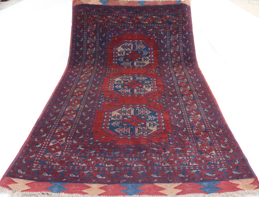 3x5 ft Small Antique Turkmen Tribal Ersari Rug ,High Pile Wool Area Rug, Collectors Piece Vintage Afghan Oriental Rug, Kitchen, Entry way Rug