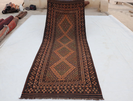 4x11 ft vintage hand-woven ghalmori kilim rug, Afghan flat handmade Kilim Rug, Red color, modern kilim rug