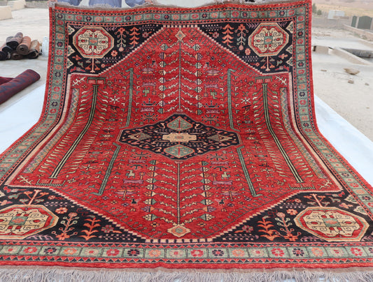 9x10 ft Afghan Oriental Caucasian design Geometric Rug , Turkmen Handmade Wool Area Rug, for Bedroom, Living Room, Bohemian Rug