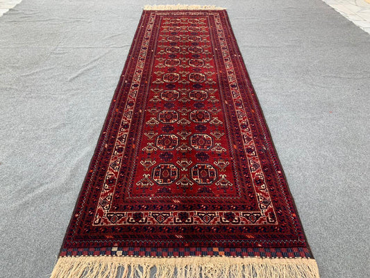 3x9 ft Afghan Handmade Vintage Kunduzi Runner Rug 100%Wool