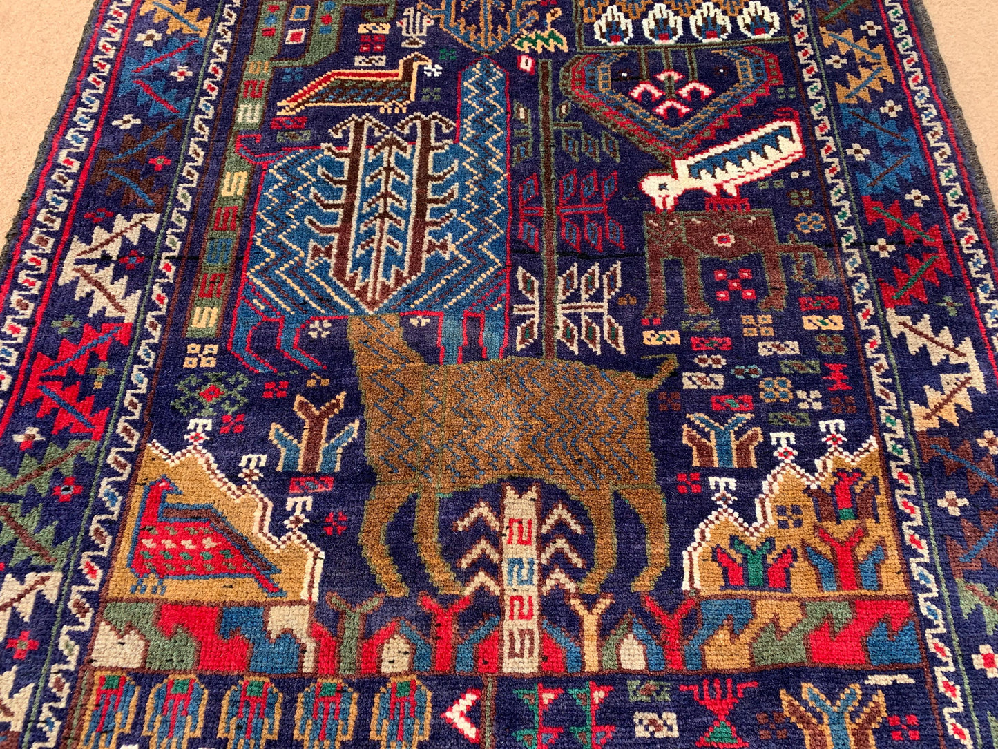 3x10 Ft Vintage Pictorial Runner Rug Handmade Afghan Baluchi Rug Soft Pile Wool Rug Oriental Animal Hunting Rug Kids Room Hallway Runner Rug