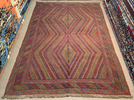 Vintage Geometric Kilim Rug 6x9 ft Hand Knotted Wool Area Rug Antique Mashwani Kilim Rug Tribal Afghan Rug 206x283 cm Oriental Bedroom Rug.