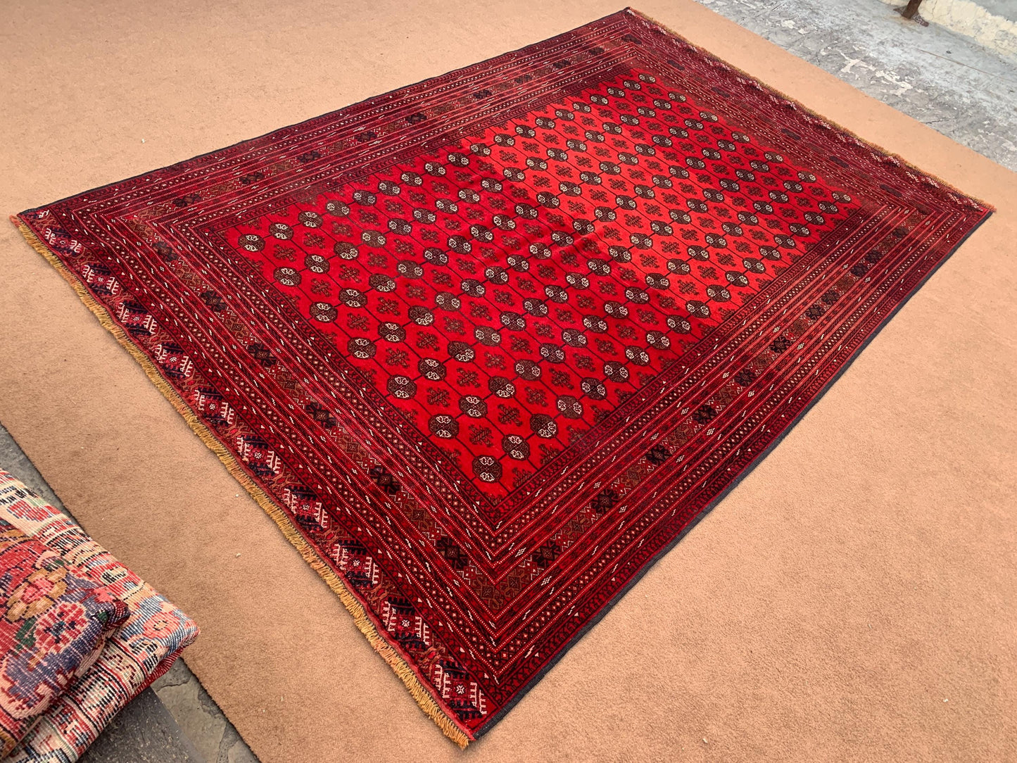 6x9 Red Vintage Rug Handmade Afghan Rug, Tribal Wool Area Rug Turkmen Tekke Rug 6.5x9.6 ft Oriental Antique Rug, Soft Pile Living Room Rug.