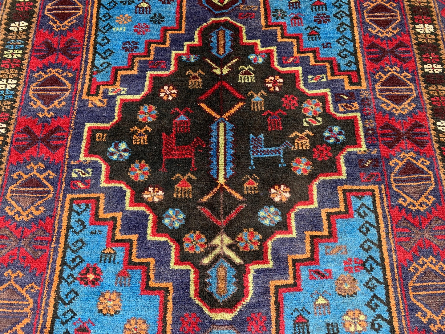 4x6 ft Pictorial Geometric Vintage Baluchi Rug Handmade Afghan Rug, Antique Wool Area Rug Turkmen Oriental Soft Pile Rug Tribal Kitchen Rug.