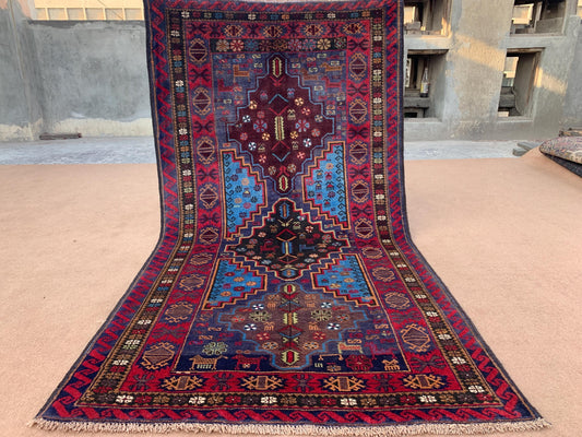 4x6 ft Pictorial Geometric Vintage Baluchi Rug Handmade Afghan Rug, Antique Wool Area Rug Turkmen Oriental Soft Pile Rug Tribal Kitchen Rug.